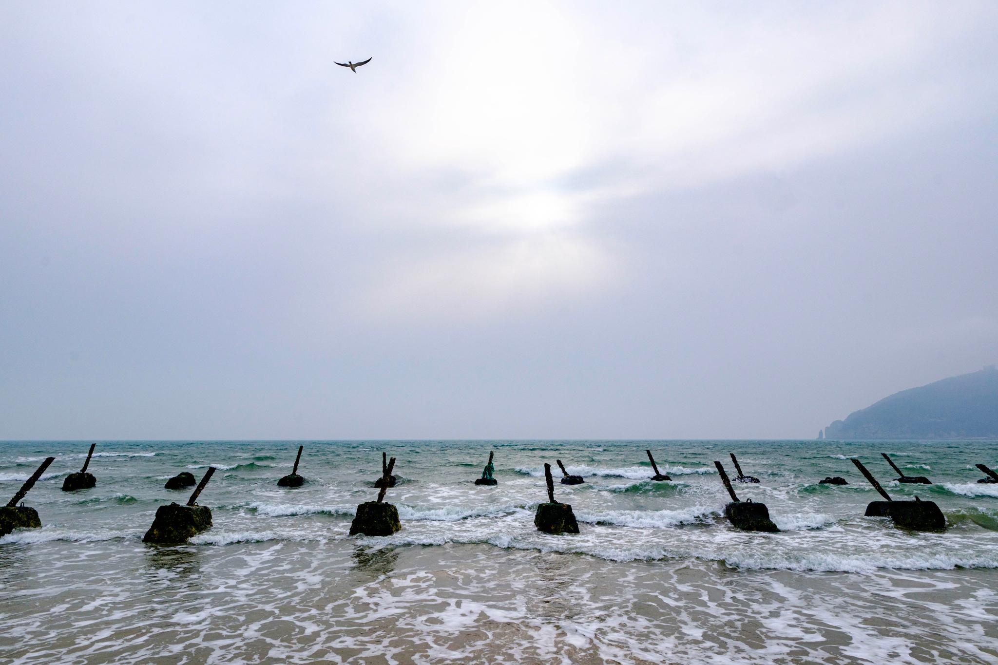"Dragon's Teeth" fortifications on a beach in Baengnyeong Island, South Korea