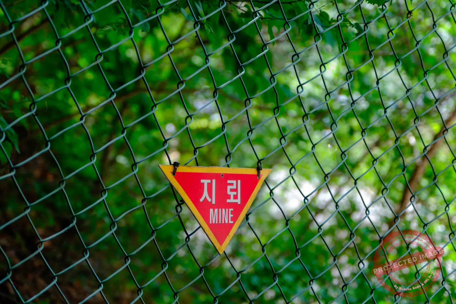 A warning sign at the edge of a minefield in Cheorwon (June 2025).