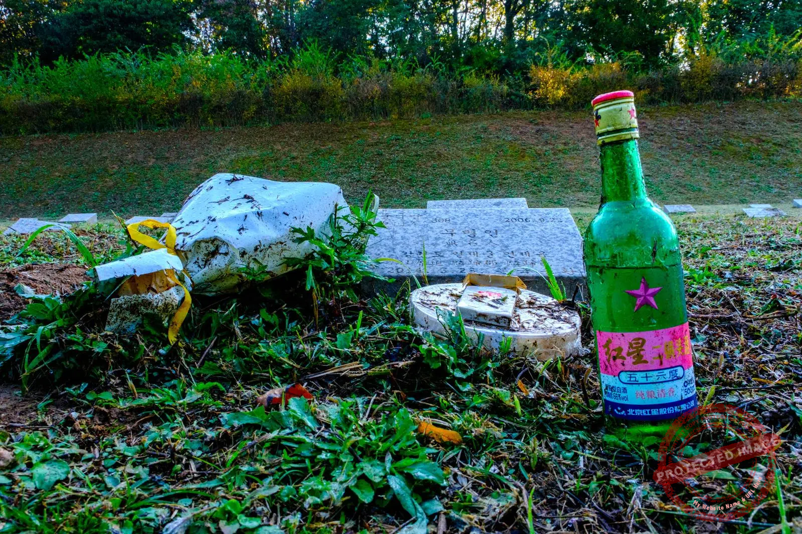 Offered by an unknown admirer, a bottle of Chinese liquor, a pack of cigarettes (also Chinese) and a bouquet of faded flowers honour the grave of an anonymous North Korean soldier (October 2024).
