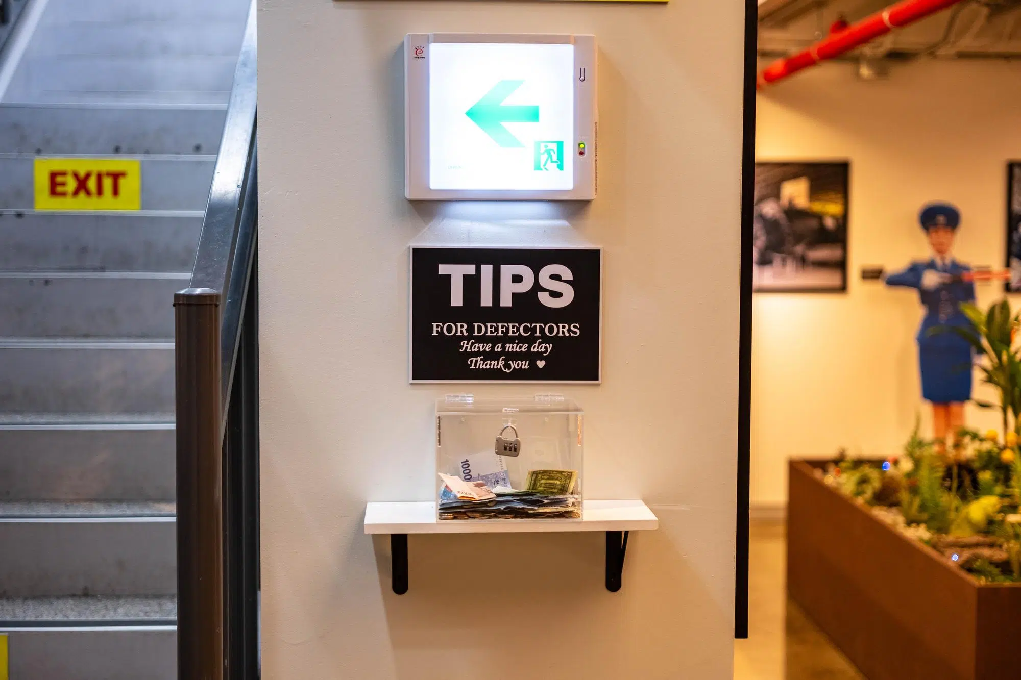 imjingak-tips-defectors-north-korea A donation box for leaving tips for the defectors at Imjingak's North Korea Experience Center (June 2026).