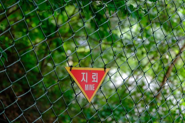 A sign warns of the presence of a minefield in Cheorwon.