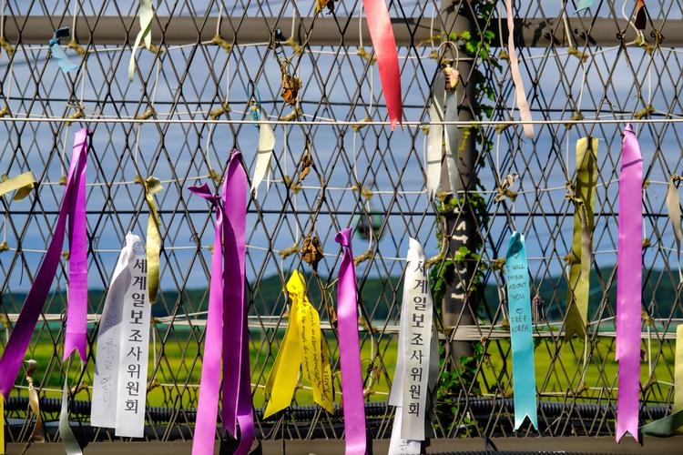 "Peace ribbons" are attached to the Civilian Control Line fence in Imjingak Resort.
