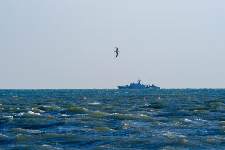 A South Korean warship in waters near Yeonpyeong Island by rough seas.