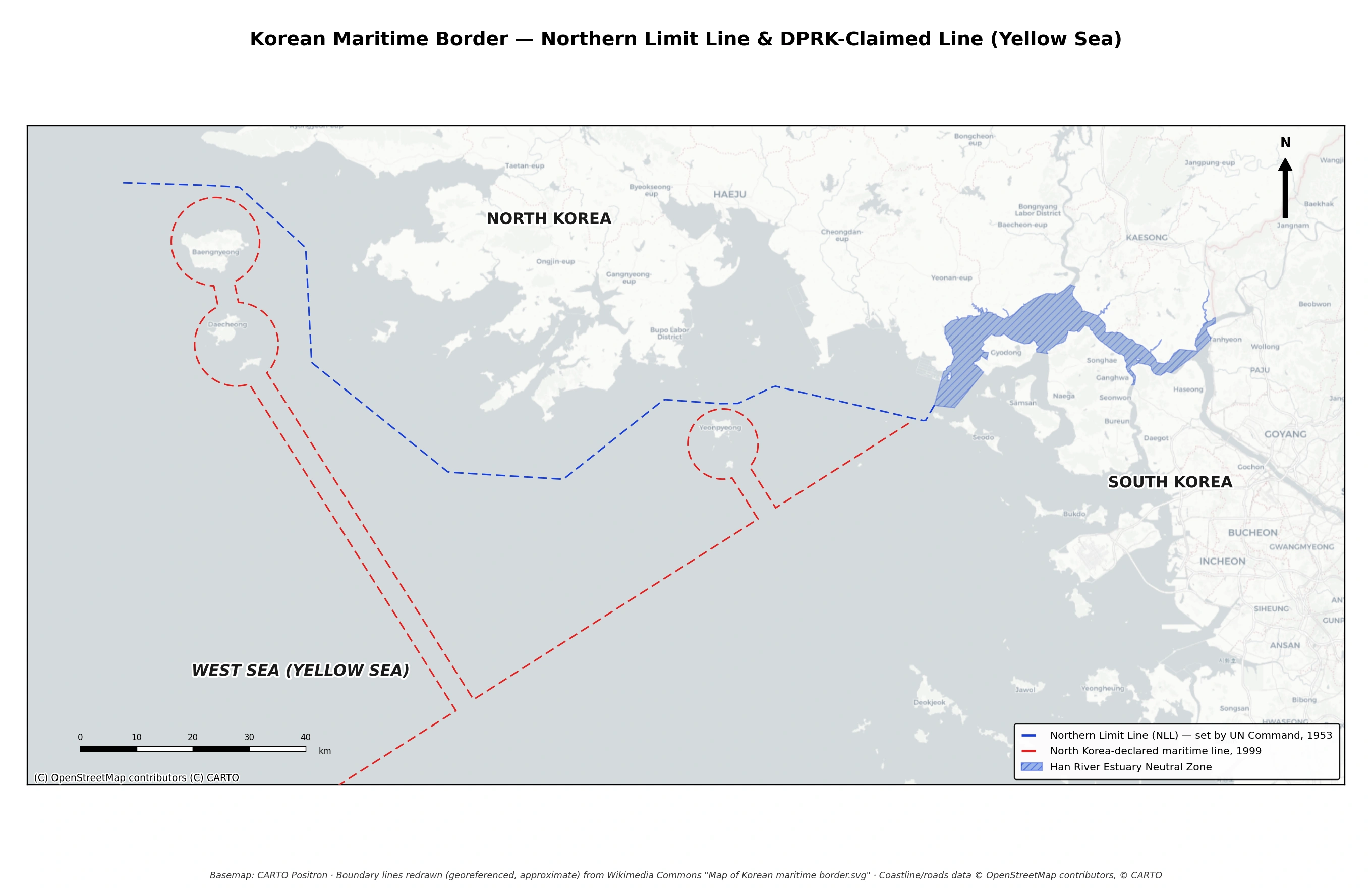 korean_maritime_border_light Map of the disputed maritime border between South Korea and North Korea in the Yellow Sea (West Sea).