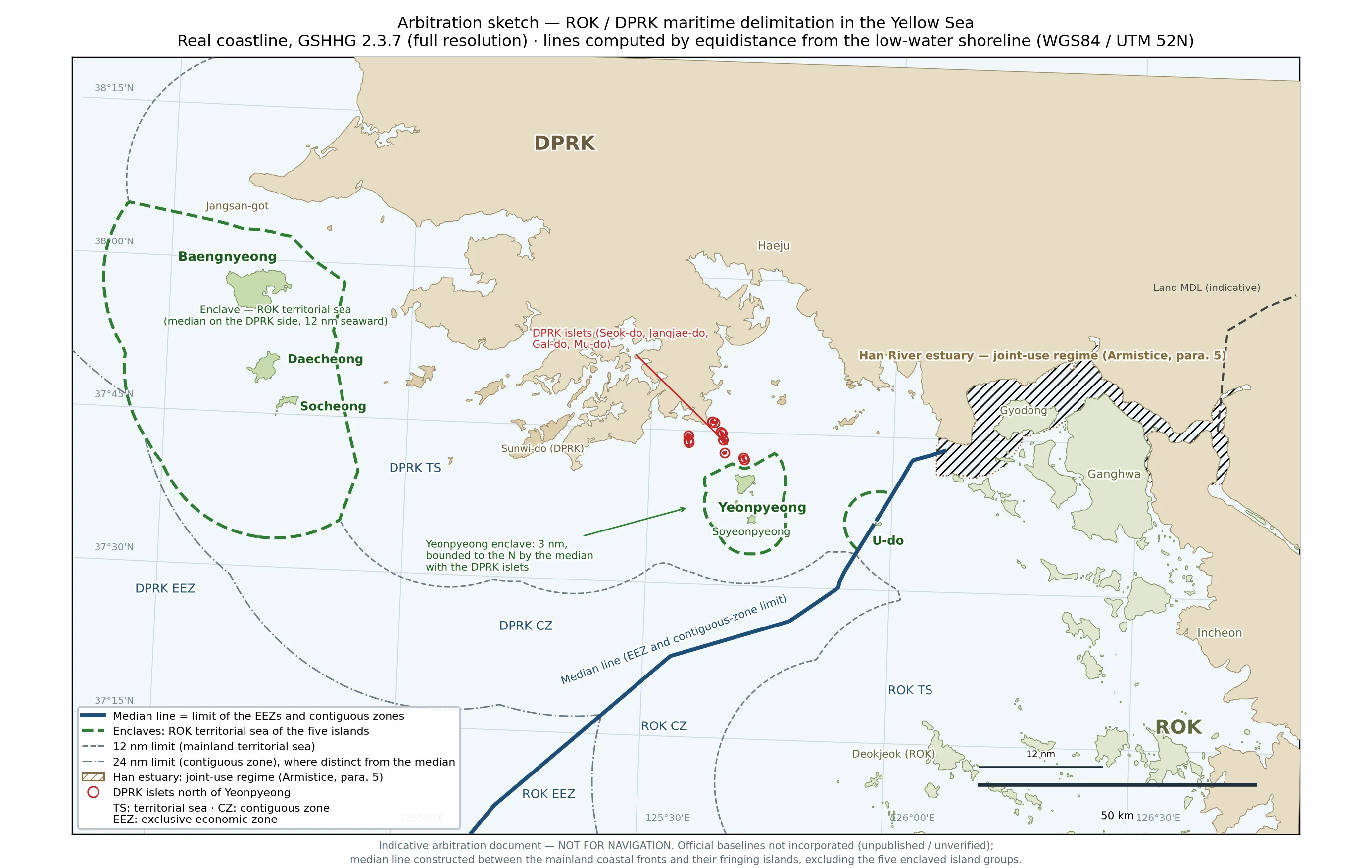 yellow_sea_arbitration_map_EN A map generated by artificial intelligence shows the disputed areas in the Yellow Sea following a hypothetical arbitration based on the United Nations Convention on the Law of the Sea